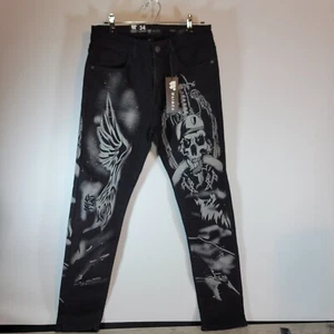 Waimea Skinny Fit Jeans Graffiti wings glitter Skulls Faded blackWash Mens 34x32 - Picture 1 of 19