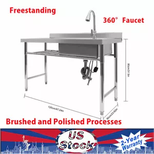 Commercial Kitchen Sink Prep Table+Faucet Compartment Stainless Steel Thickened! - Picture 1 of 23