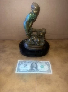 Vintage Bronze of a Boy and His Dogs 1930 on Marble Base - Picture 1 of 7
