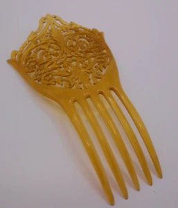 VICTORIAN celluloid mantilla hair comb amber 3 3/4" art nouveau flowers antique - Picture 1 of 3