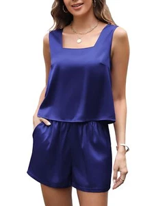 2-Piece Women’s Satin Silk Pajamas Set Square Neck Tank Lounge Shorts - Picture 1 of 6