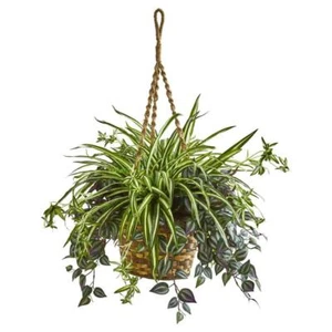 Nearly Natural Home 30" Artificial Spiderwort+Spider Plant In Hanging Basket - Picture 1 of 1