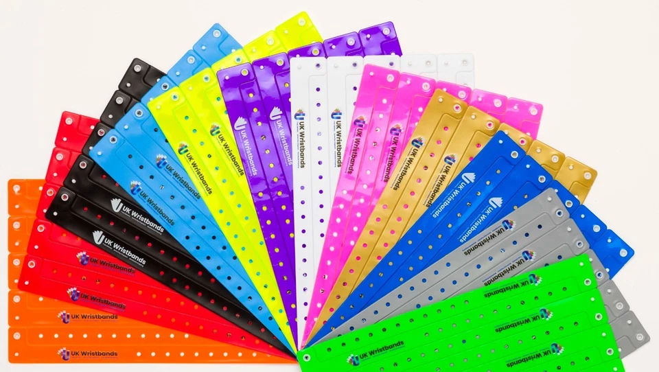 UK WRISTBANDS 100 Custom Printed L Shaped Plastic Vinyl Wristbands Events Parties Security