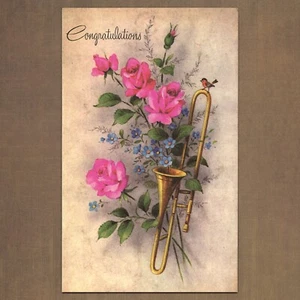 Unused Vintage Artistic Greetings CONGRATULATIONS Card, Pink Flowers Trumpet - Picture 1 of 6