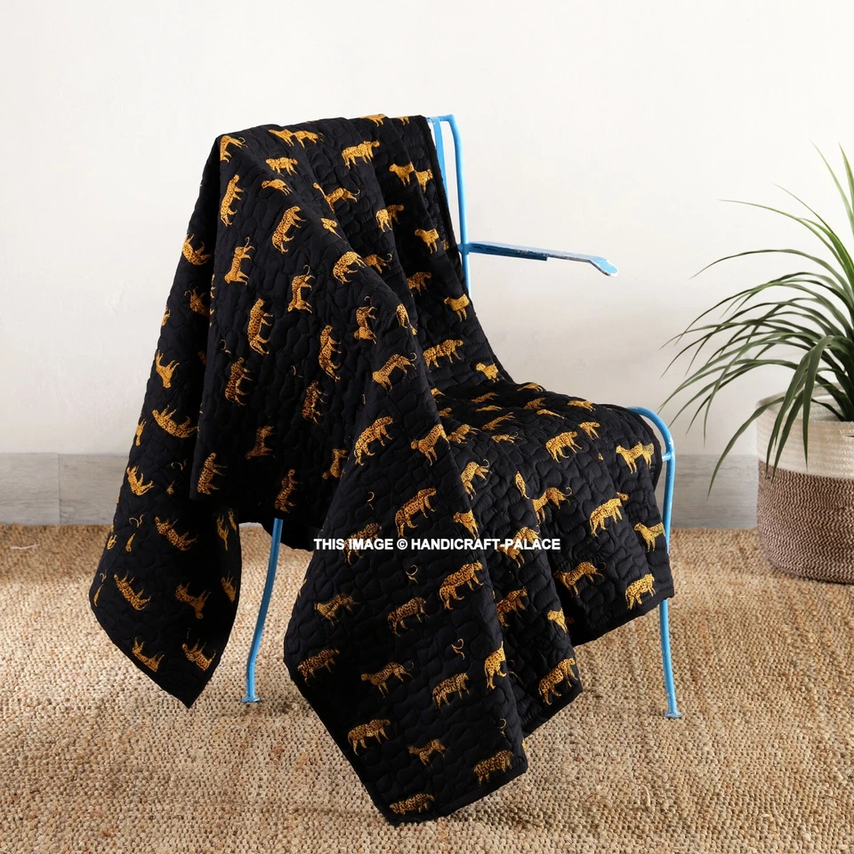 Black Leopard Printed Cotton Blanket Couch Quilt Cover Kantha Quilted Throw Sofa - Image 1 of 4