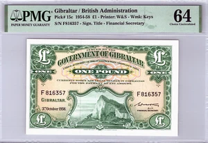 Gibraltar £1 Pound 1958 Pick# 18a PMG 64 Choice UNC - Picture 1 of 18
