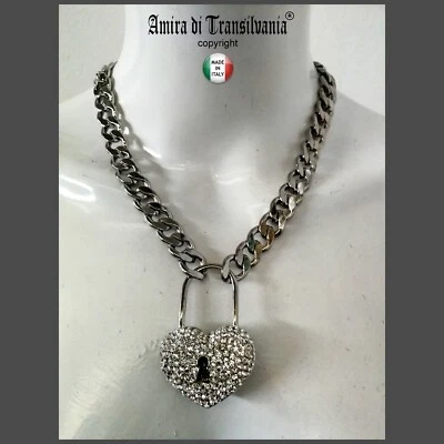Collane Gioiello Uomo Donna Catena Girocollo Pendente Lucchetto Cristalli Strass - Immagine 1 di 4