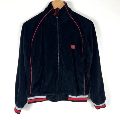 Women’s M Vintage Wilson Black Velour Track Jacket Red Piping Y2K 90s Grunge - Image 1 of 4