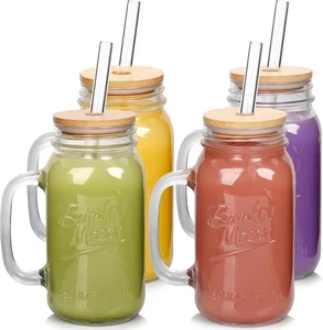 Vaso de tarros de masón con mango ANOTION - Tazas de vidrio con tapas y pajitas - Imagen 1 de 8