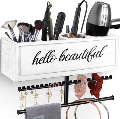 Wall-Mounted Rustic Hair Dryer Holder & Styling Tools Organizer (White) - Image 1 of 4