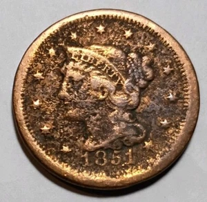1851 Braided Hair Large Cent US Coin Copper One Penny Circulated - Picture 1 of 2