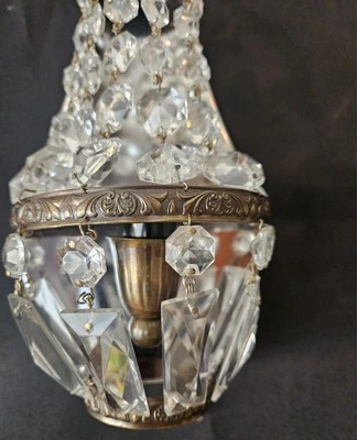 Vintage Antique Pair French Empire Brass Crystal 1 Light Sconces Wall Lights - Image 1 of 4