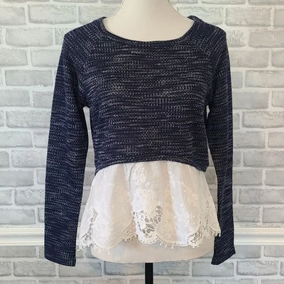Maison Jules Knit Sweater Eyelet Lace Ruffle Trim NEW Sm Blue Romantic Cottage - Image 1 of 4