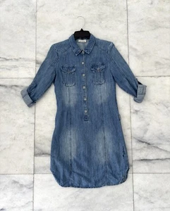90s DKNY Denim Shirt Dress Cotton Linen Blend Logo Button Blue Pockets Womens 2 - Picture 1 of 12