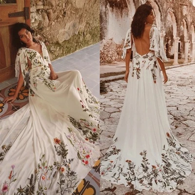 Vestido de novia color floral mangas bordado vestido botánico único nupcial Foto 1 de 4