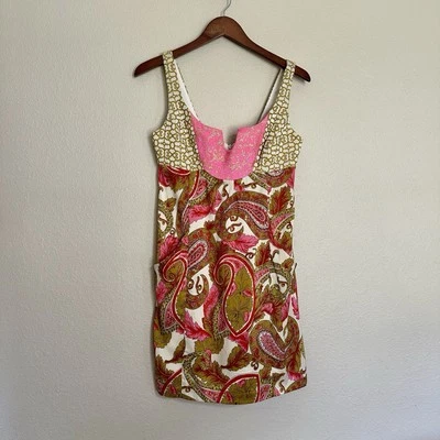 Vestido lápiz de seda sin mangas rosa y dorado con estampado de cachemira MILLY of New York - 6 Foto 1 de 4