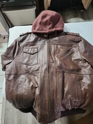 Bomber Hoodie Brown Men's Motorcycle Real Leather Jacket Removable Hood 3XL - Image 1 of 4