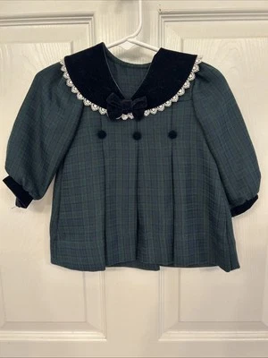 VTG Peaches N’ Cream Green Blue Plaid Infant Dress Velvet Collar 12 Month Lace - Image 1 of 4