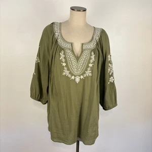 Talbots Tunic Top Womens 3X Embroidered Boho Gauze Shirt Green & White - Picture 1 of 9