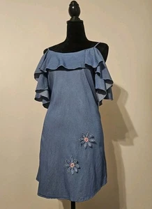 Blue Off-the-shoulder Demin Dress Sz L Made In USA Stretchy Cute Casual Beachy - Picture 1 of 8