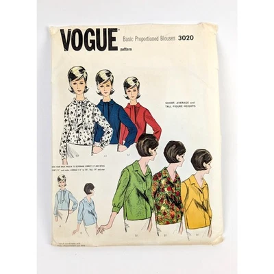 60s Women's Basic Proportioned Blouses Sewing Pattern, Sz 20 B40 UC Vogue 3020 - Image 1 of 4