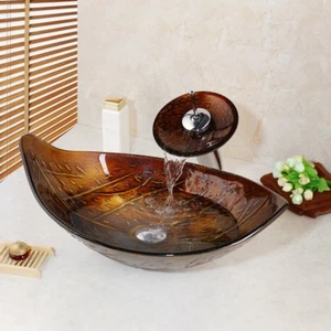 Leaf Bathroom Vessel Sink Waterfall Spout Tempered Glass Wash Bowl Mixer Tap Set - Bild 1 von 12