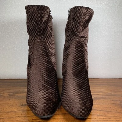 "Botines al tobillo de terciopelo elástico a cuadros marrón dorados 4"" tacones talla 8 1/2 cremallera lateral" Foto 1 de 4