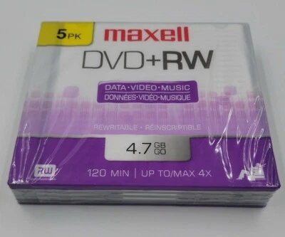 Maxell DVD+RW Discs 4.7GB 120 Min Up To/Max 4x with Jewel Cases 5-Pack New - Image 1 of 3