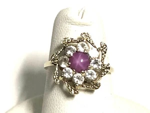 10k Yellow Gold Cabochon Star Ruby Flower Ring Size 5.5 - Picture 1 of 12