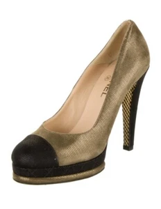 Chanel CC Logo Pumps Green Gold Black Block Heel IT40 10 9.5 Round Toe Fall 2012 - Picture 1 of 5