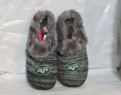 NEW YORK JETS WOMEN'S SLIPPERS XL 11 12 GREEN PEAK SLIDE FAUX FUR LINED KNIT NWT Cover