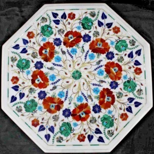 18" Marble table top semi precious stones fine inlay floral handcrafted work - Picture 1 of 1