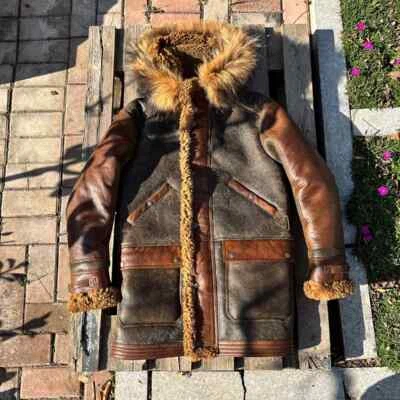 Mens Aviator Hooded long coat Warm Fur Geniune Sheepskin Leather Vintage Jacket - Image 1 of 4