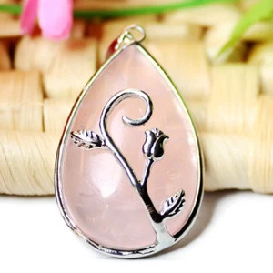 Handmade Flower Style Drop Natural Rose Quartz Silver Necklace Pendants New - Picture 1 of 5