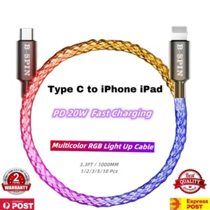 LED RGB Multi Light up Type C Fast Charging Cord for iPhone 14 13 12 11 pro iPad - Picture 1 of 22