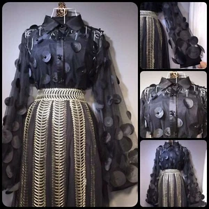 Lovely Black 2 Piece Mesh Applique Pearls Lantern Sleeve Button-Down Blouse L - Picture 1 of 12