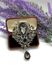 Lovely Large Smoky Grey Victoriana Style Rhinestone Floral Drop Brooch - BN