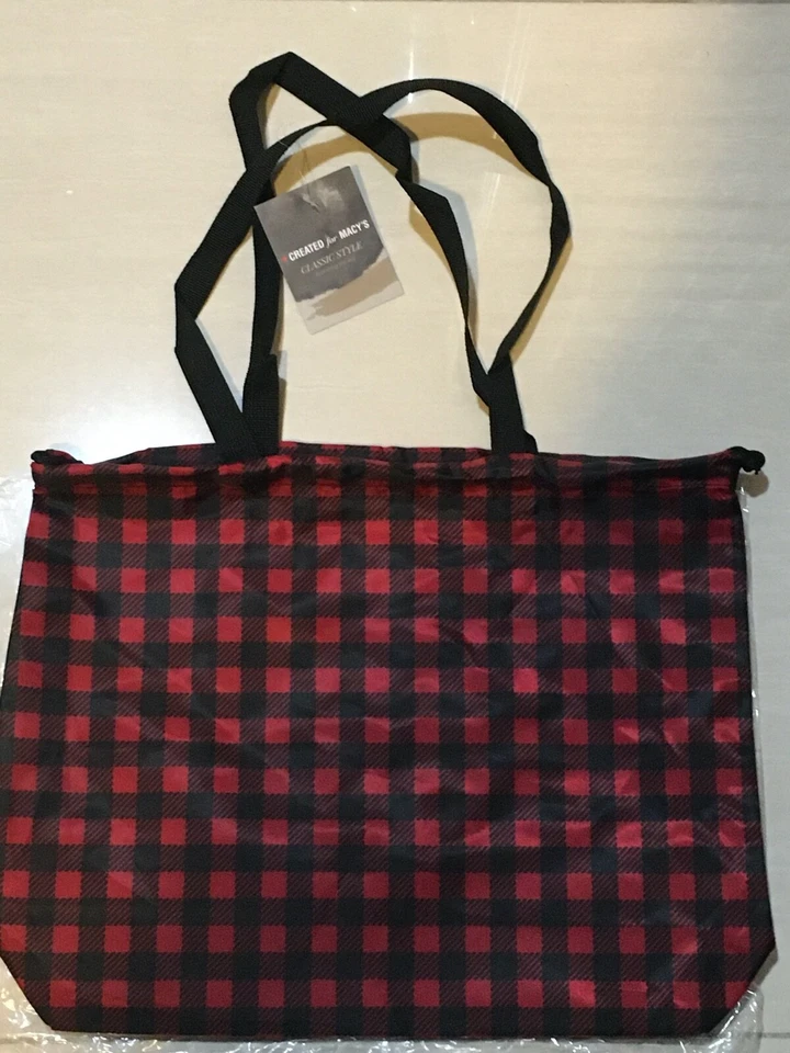MACY'S Red Black Classic Style Nylon Drawstring Tote Bag