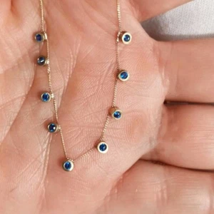 4mm Lab Created Sapphire Bezel Nine Stone Station Necklace 14K Yellow Gold Over - Picture 1 of 8