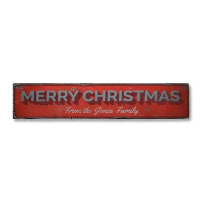 Family Merry Christmas, Custom Last - Rustic Distressed Wood Sign - Image 1 of 2