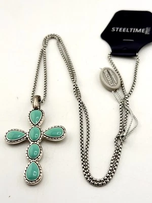 Necklace Cross  Sliver 2 Sided Turquoise  Onyx  stainless steel Chain 30” AB-4 - Image 1 of 4