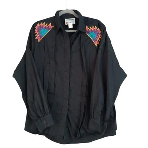 VTG Wrangler Shirt Mens Medium/Large Black Aztec Western Pearl Snap Rodeo 90s - Picture 1 of 9