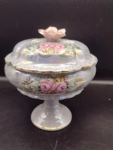 Floral Rose Porcelain Pedestal Trinket Compote Candy Cover Dish Japan Opalescent - Imagen 1 de 12