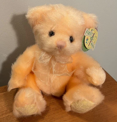 First & Main Orange  Sherbet Baby Teddy Bear Matching Bow Lace Feet  9" NWT - Image 1 of 4