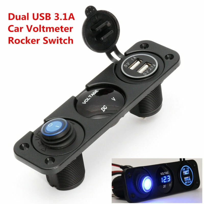 Universal 12V Voltmeter Blue LED Dual USB 3.1A Car Charger Rocker Switch Panel - Image 1 of 4