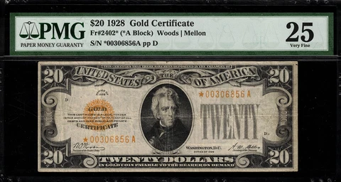 1928 $20 Gold Certificate FR-2402* - Star Note - Graded PMG 25 - Very Fine Cover