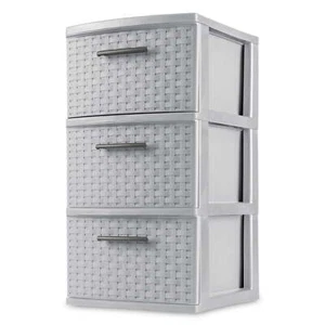 3 Drawer Tower, Slim Plastic Weave 3 Drawer Tower with Pull Handles, - Picture 1 of 2