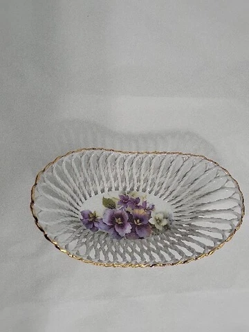 Vtg USA Floral Porcelain Sugar Wire Basket Bowl GOLD Trim Oval Shape 6.4in Cover