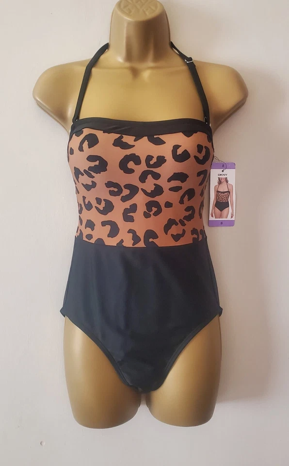 Traje de baño de una pieza DKNY negro y estampado de leopardo bandeau cuello halter talla UK 8 nuevo Foto 1 de 4