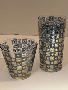16 Culver Bar Glassware Set of 8 Tumbler 8 Highball Pattern Cuv100 Aqua Gold MCM - Picture 1 of 12